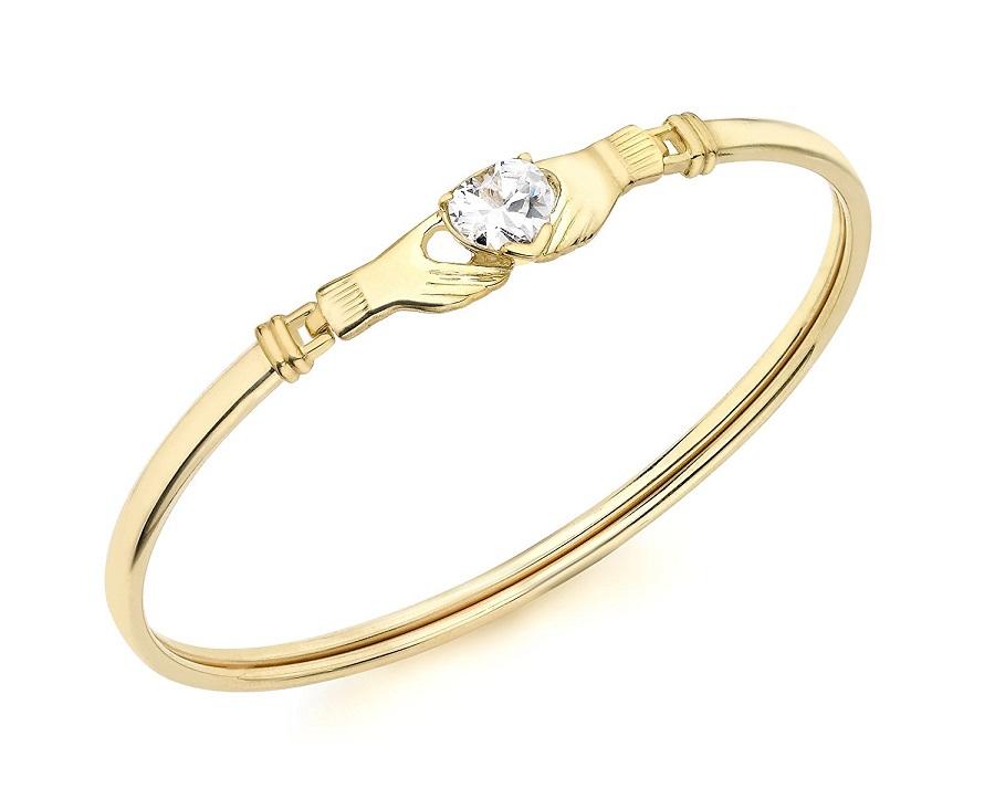 9 ct Yellow Gold Claddagh and Heart Cubic Zirconia Ladies Bangle - NiaYou Jewellery