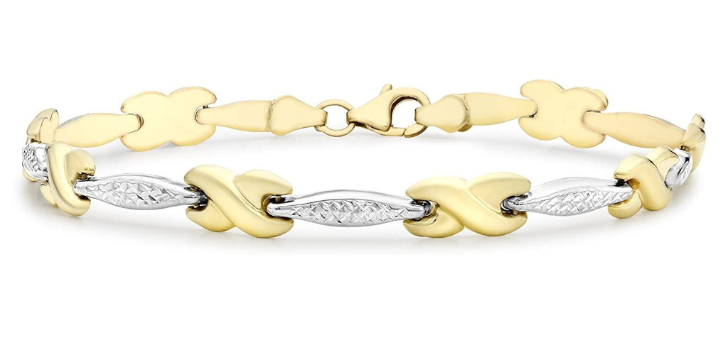9ct Yellow and White Gold Diamond Cut Bar and Kiss Link Bracelet 19cm - NiaYou Jewellery