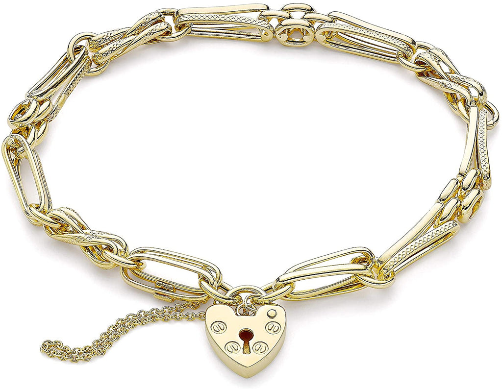 9ct Yellow Gold Bar Link and Panther Chain Padlock Bracelet 19 cm - NiaYou Jewellery