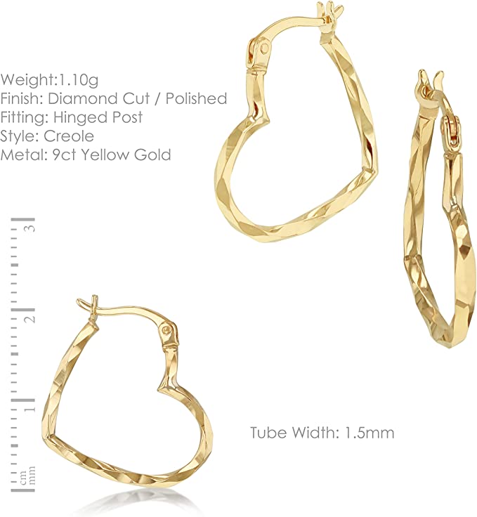 9ct Yellow Gold Diamond Cut Heart Hoop Earrings - NiaYou Jewellery