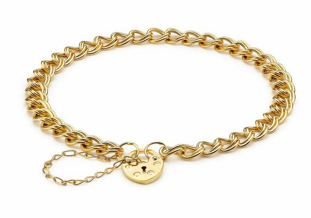 9ct Yellow Gold Double Hollow Panza and Heart Padlock Bracelet 18cm - NiaYou Jewellery