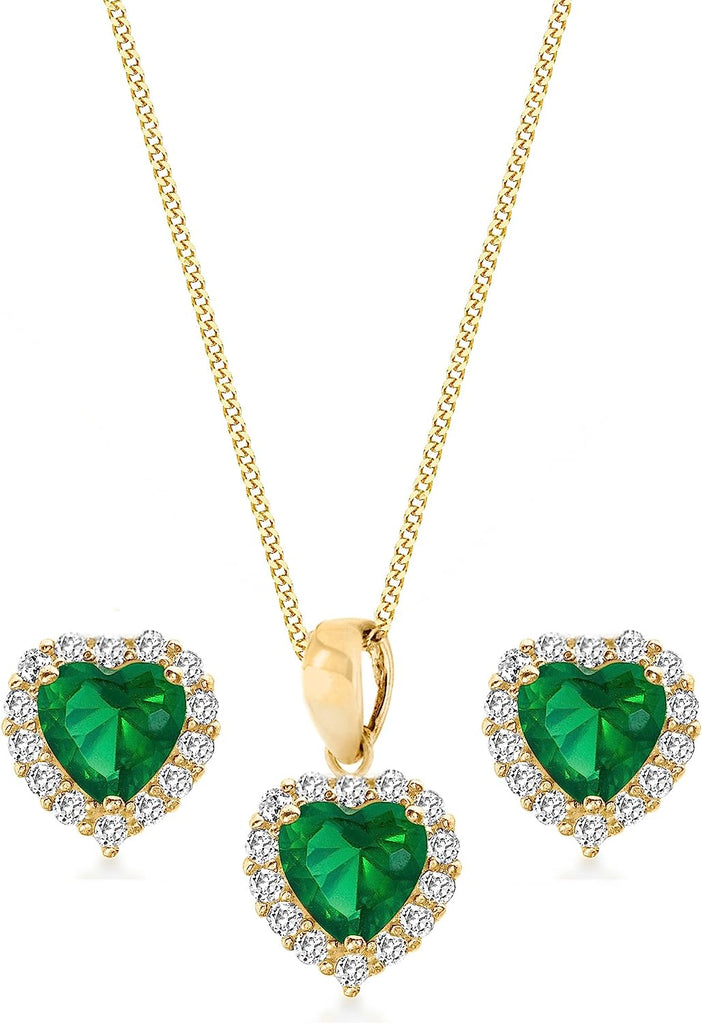 9ct Yellow Gold Green Cubic Zirconia Cluster Heart Stud Earrings and Pendant - NiaYou Jewellery