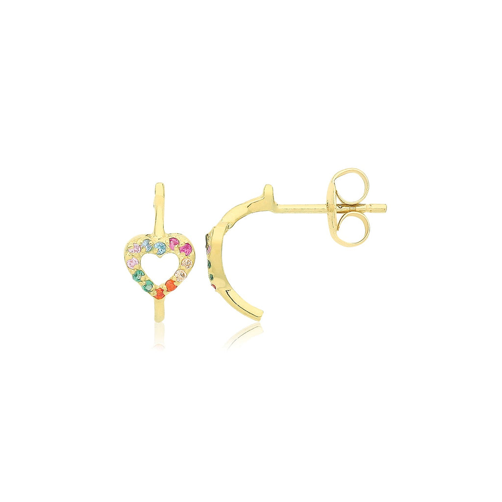 9ct Yellow Gold Half Hoop Earrings with Multicoloured CZ Heart - NiaYou Jewellery