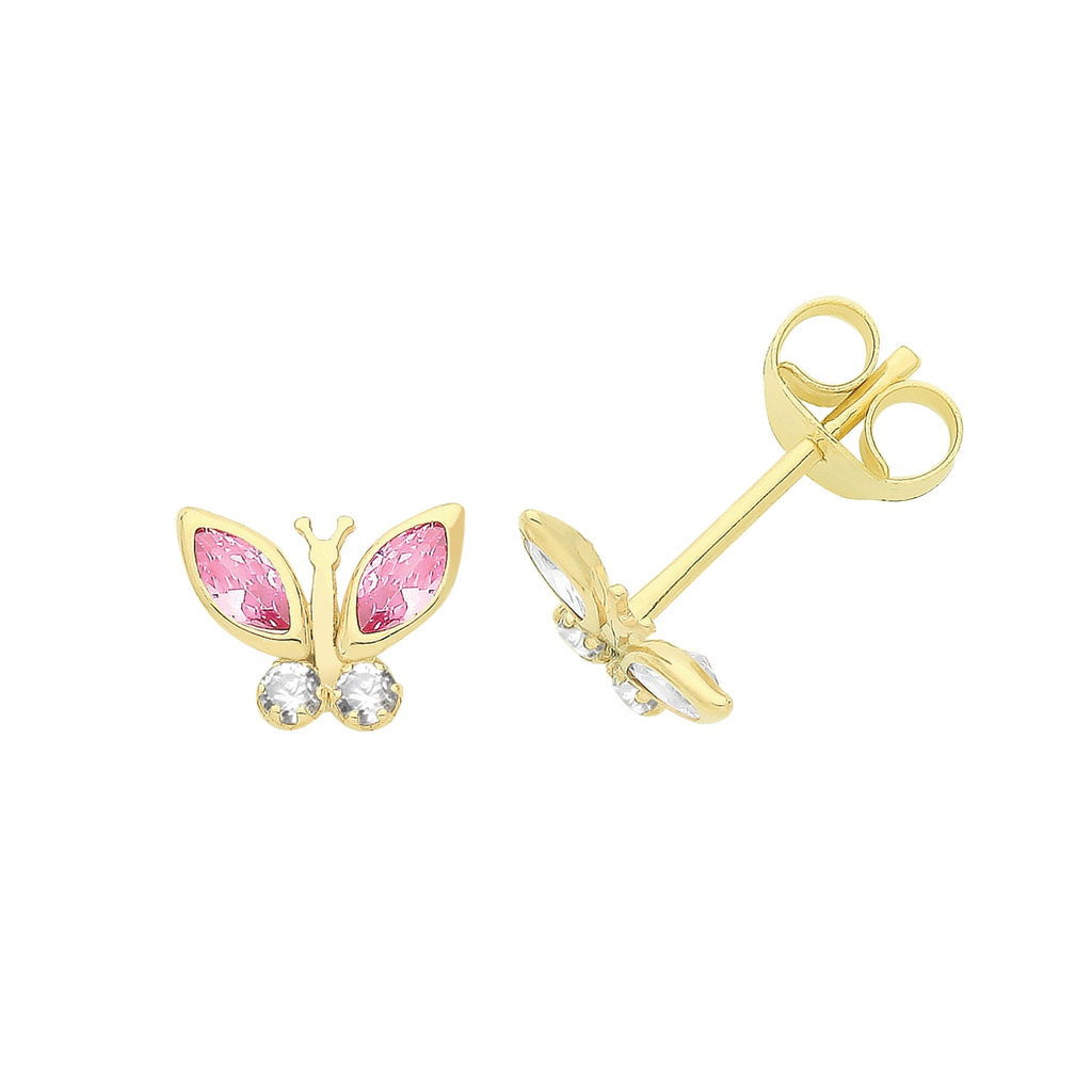 9ct Yellow Gold Pink and Clear CZ Butterfly Stud Earrings - NiaYou Jewellery