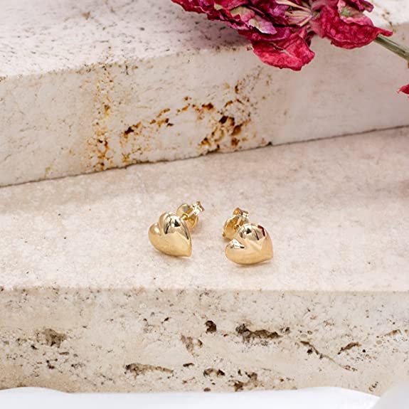 9ct Yellow Gold Puff Heart Ladies Stud Earrings 10 mm - NiaYou Jewellery