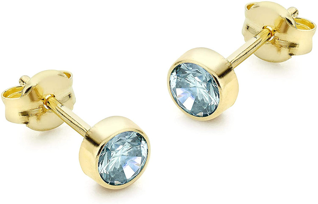 9ct Yellow Gold Round Rubover Blue CZ Stud Earrings - NiaYou Jewellery