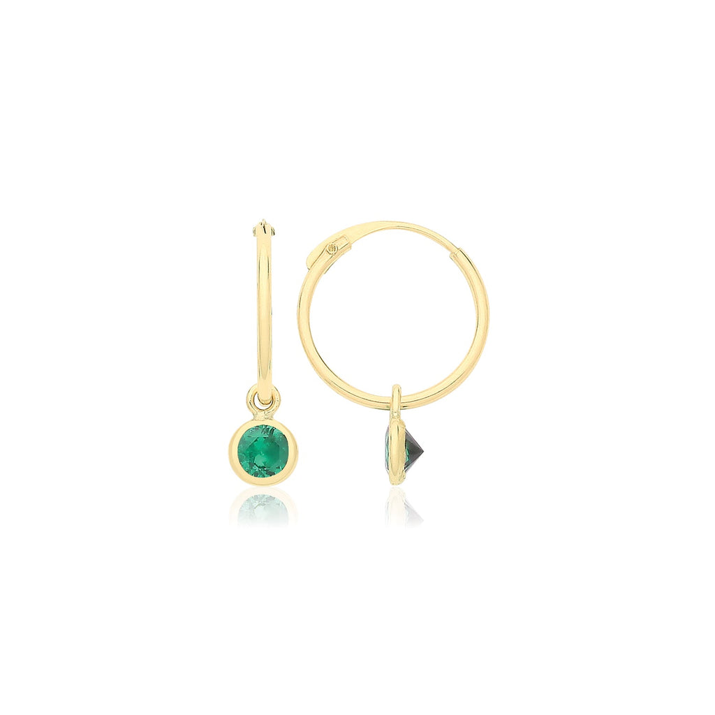 9ct Yellow Gold Sleepers Earrings with Green Emerald CZ Drop - NiaYou Jewellery