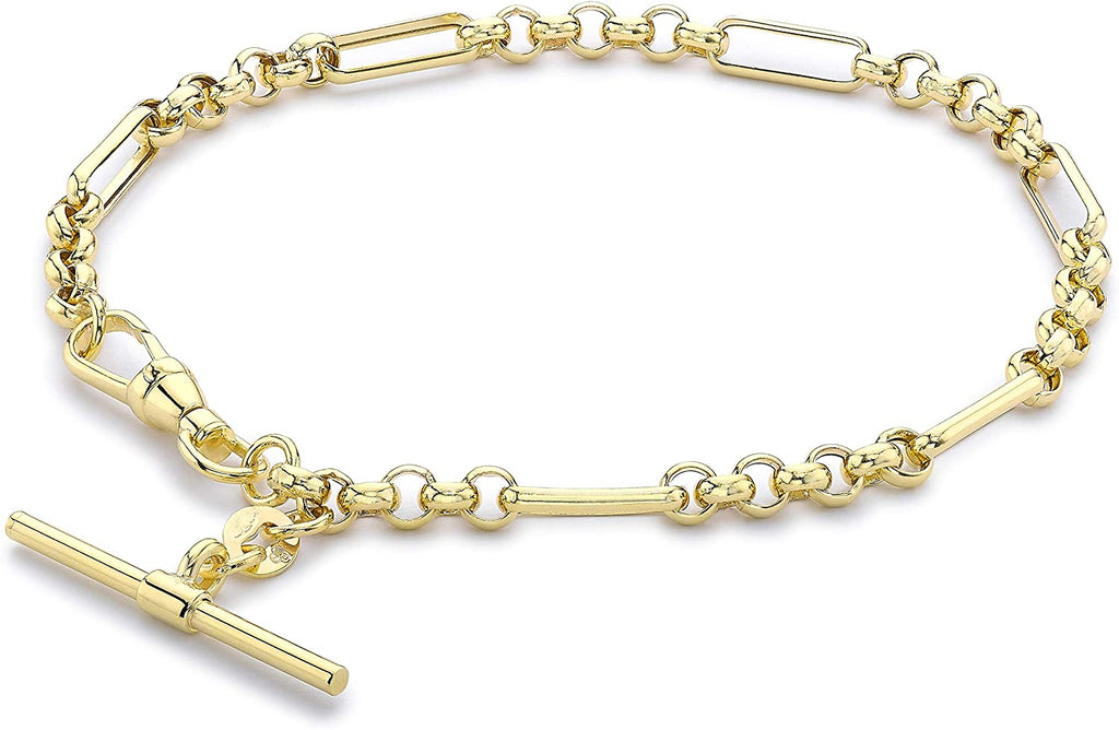 9ct Yellow Gold T-Bar Figaro Belcher Chain Albert Clasp Bracelet - NiaYou Jewellery