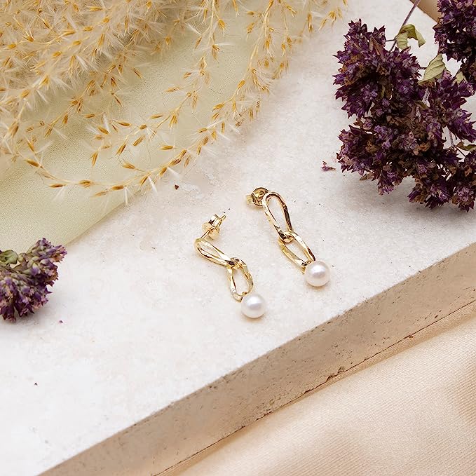 9ct Yellow Gold Textured Double Link with Drop Pearl Earrings - NiaYou Jewellery