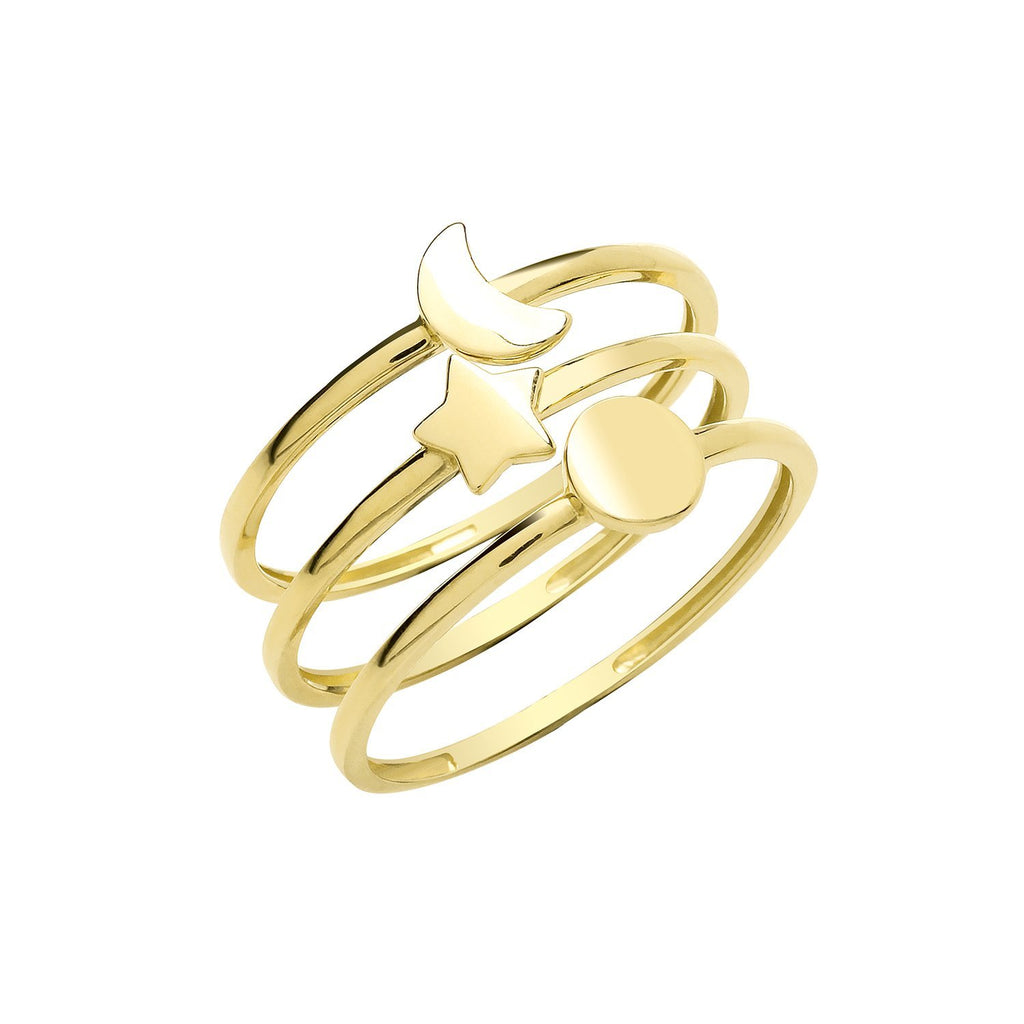 9ct Yellow Gold Three Stacking Rings with Star Moon and Disc - NiaYou Jewellery