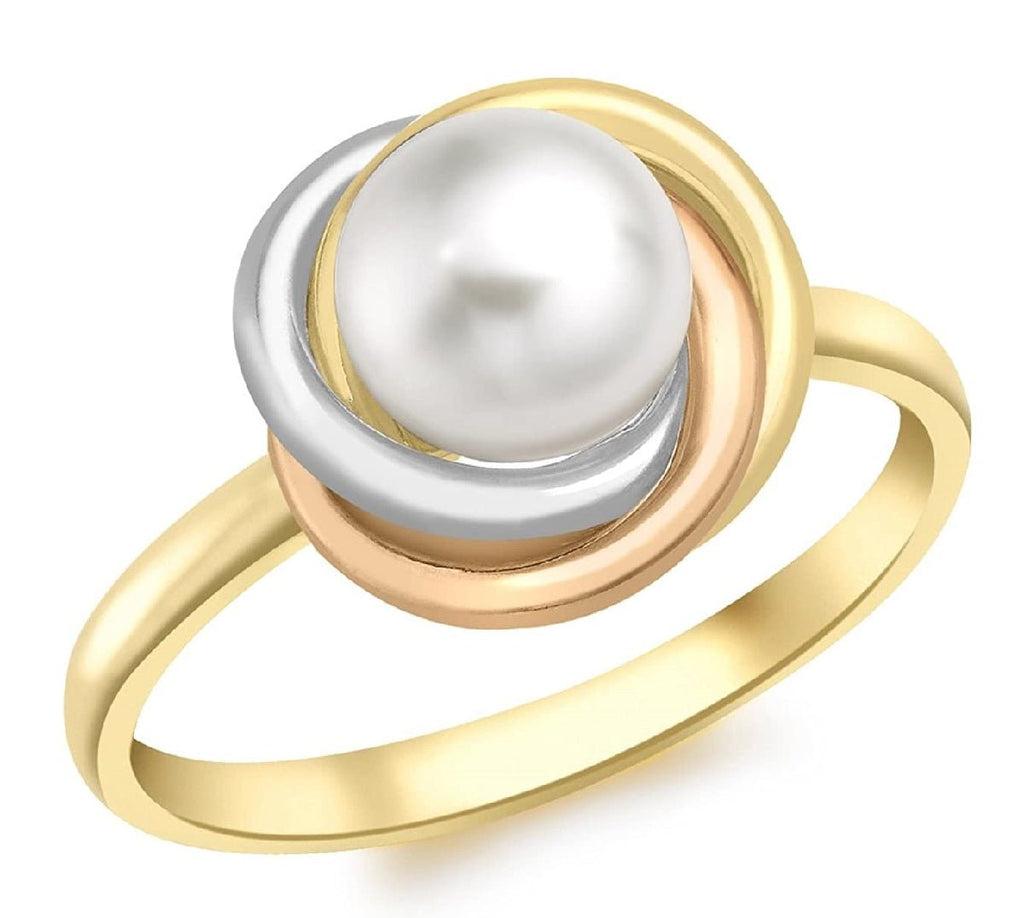 9ct Yellow White and Rose Gold Three Circles Knot Ring with Pearl - NiaYou Jewellery