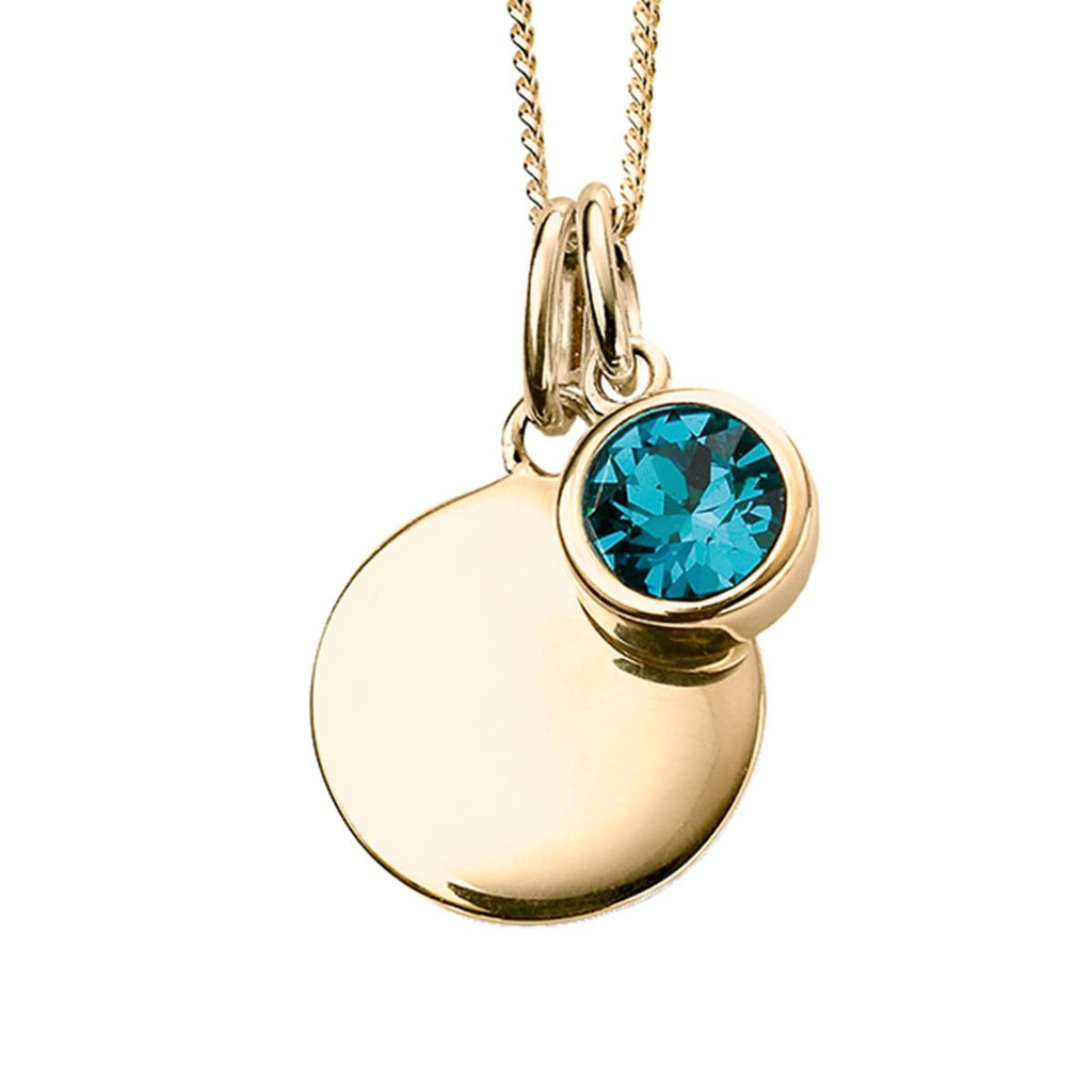 Silver 925 Gold Plated CZ Birthstone and Disc Pendant Necklace - December- Free Engraving - NiaYou Jewellery