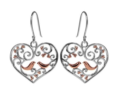 Silver 925 Rose Gold Vermeil Lovebirds in Heart Earrings - NiaYou Jewellery