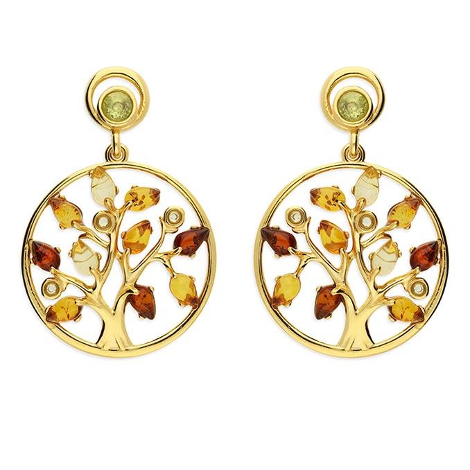 Silver 925 Yellow Gold Tree of Life with Amber Leaves Round Earrings - NiaYou Jewellery