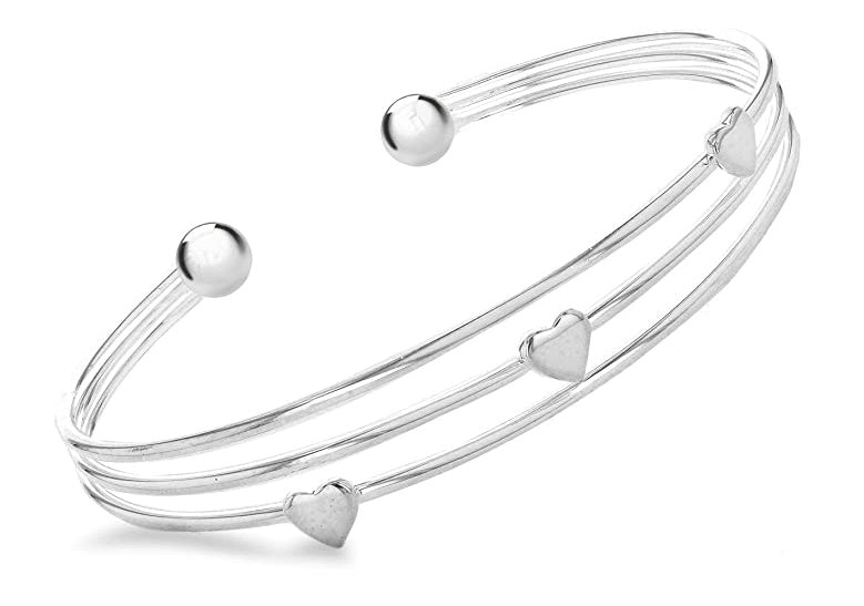 Sterling Silver 3 Rows Hearts Torque Ladies Bangle - NiaYou Jewellery
