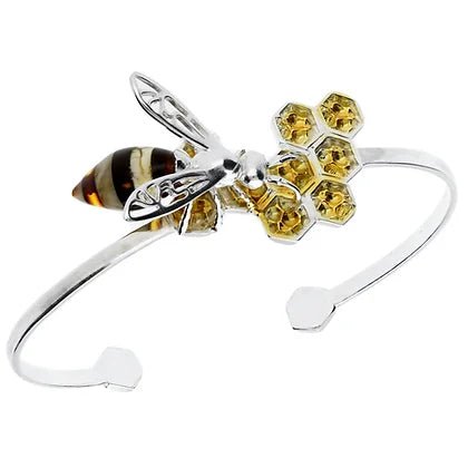 Sterling Silver Amber Bee and Honeycomb Bangle - NiaYou Jewellery