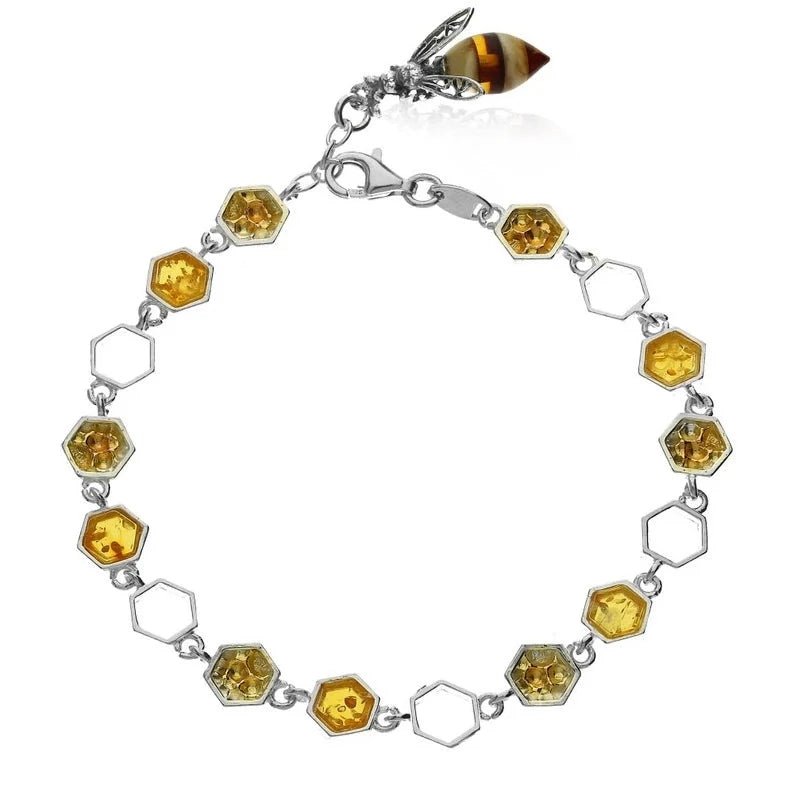 Sterling Silver Amber Bee Honeycomb Ladies Bracelet - NiaYou Jewellery
