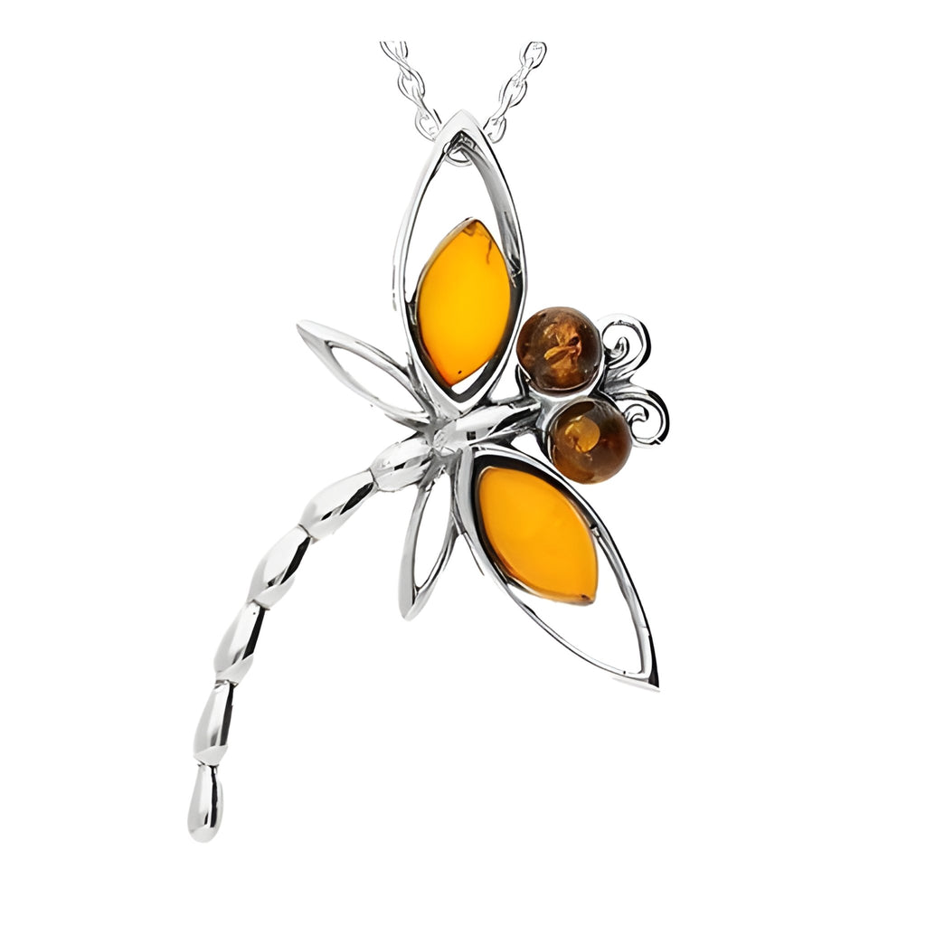 Sterling Silver Amber Dragonfly Pendant with Chain - NiaYou Jewellery