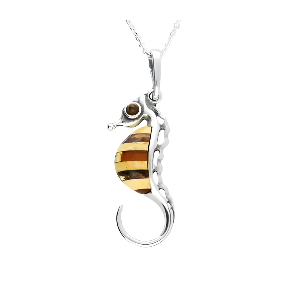 Sterling Silver Amber Seahorse Pendant with Chain - NiaYou Jewellery