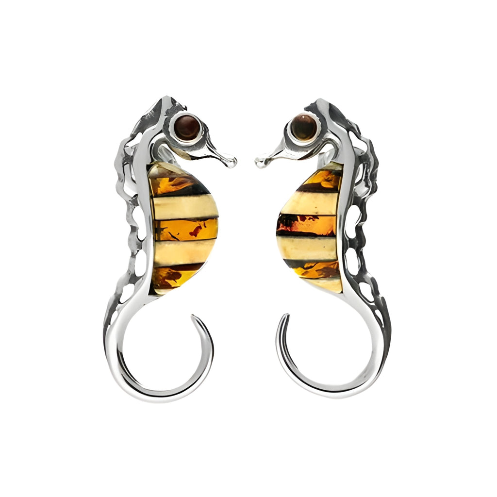 Sterling Silver Amber Seahorse Stud Earrings - NiaYou Jewellery