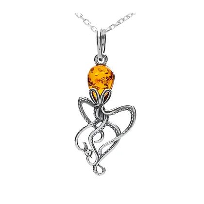 Sterling Silver and Cognac Amber Small Octopus Pendant with Chain - NiaYou Jewellery