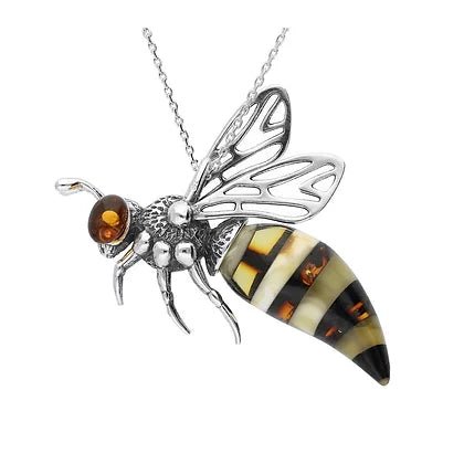 Sterling Silver and Natural Amber Wasp Bee Medium Pendant - NiaYou Jewellery