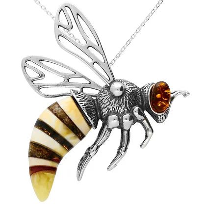 Sterling Silver and Natural Amber Wasp Bee XL Pendant - NiaYou Jewellery