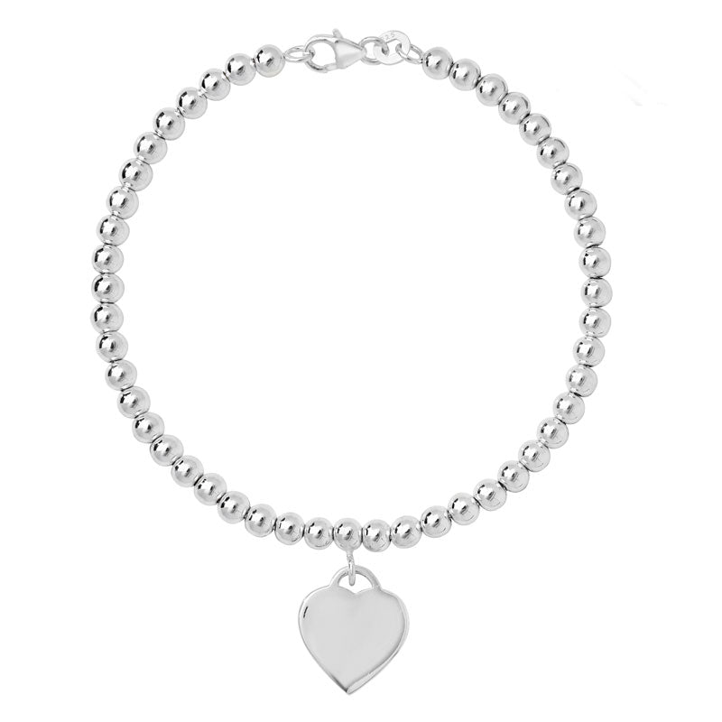 Sterling Silver Beaded Bracelet with Plain Heart Charm - NiaYou Jewellery