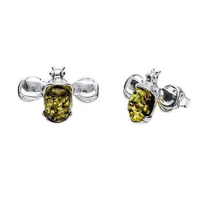 Sterling Silver Bumble Bee Green Amber Stud Earrings - NiaYou Jewellery