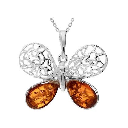 Sterling Silver Butterfly Amber with Filigree Wings Pendant Necklace - NiaYou Jewellery