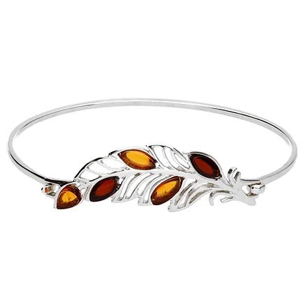Sterling Silver Cognac Amber Feather / Leaf Bangle - NiaYou Jewellery