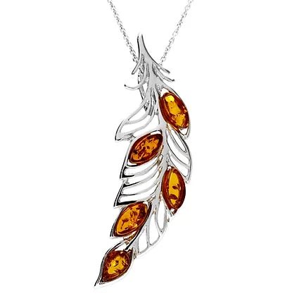 Sterling Silver Cognac Amber Feather / Leaf Pendant on Chain - NiaYou Jewellery