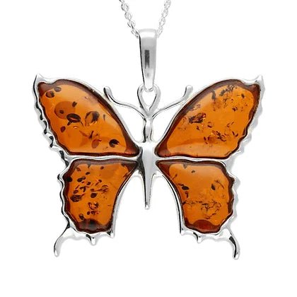 Sterling Silver Cognac Amber Large Butterfly Pendant on Chain - NiaYou Jewellery