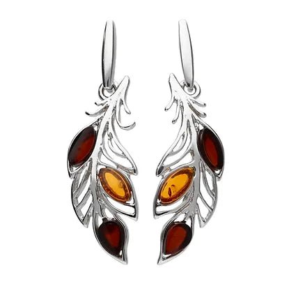 Sterling Silver Cognac and Cherry Amber Feather / Leaf Drop Earrings - NiaYou Jewellery