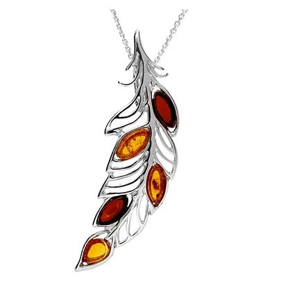 Sterling Silver Cognac and Cherry Amber Feather / Leaf Pendant on Chain - NiaYou Jewellery