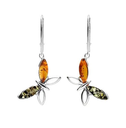 Sterling Silver Cognac and Green Amber Butterfly Drop Earrings - NiaYou Jewellery