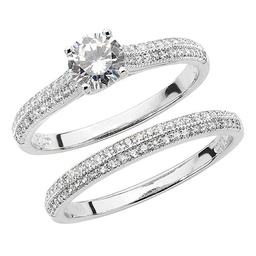 Sterling Silver Cubic Zirconia Bridal Ring and Band Set - NiaYou Jewellery