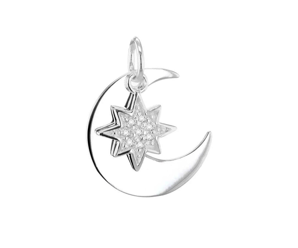 Sterling Silver Cubic Zirconia Star and Plain Moon Pendant - NiaYou Jewellery
