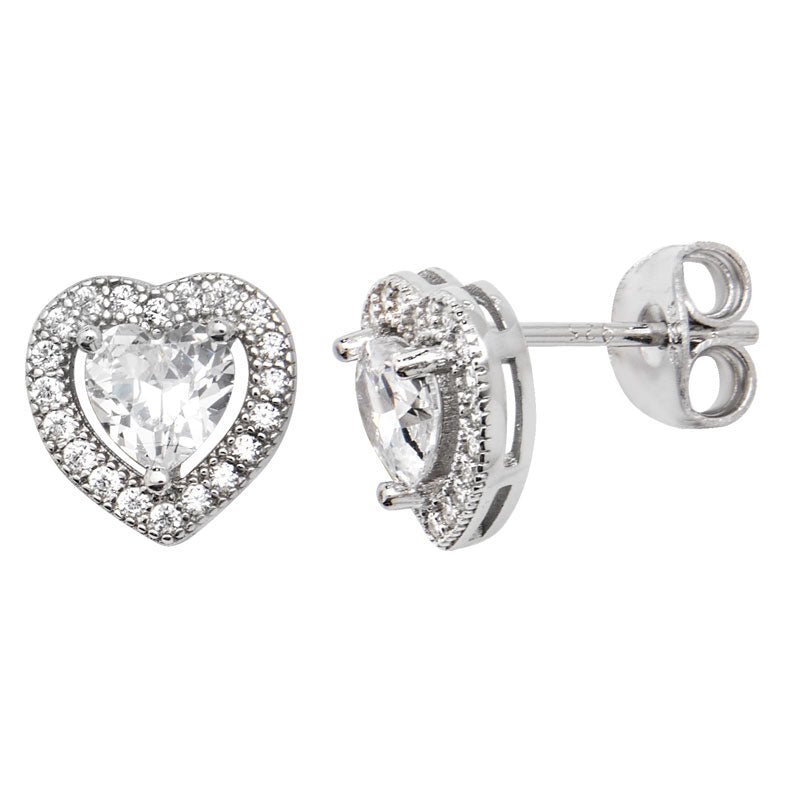 Sterling Silver CZ Halo Heart Stud Earrings - NiaYou Jewellery