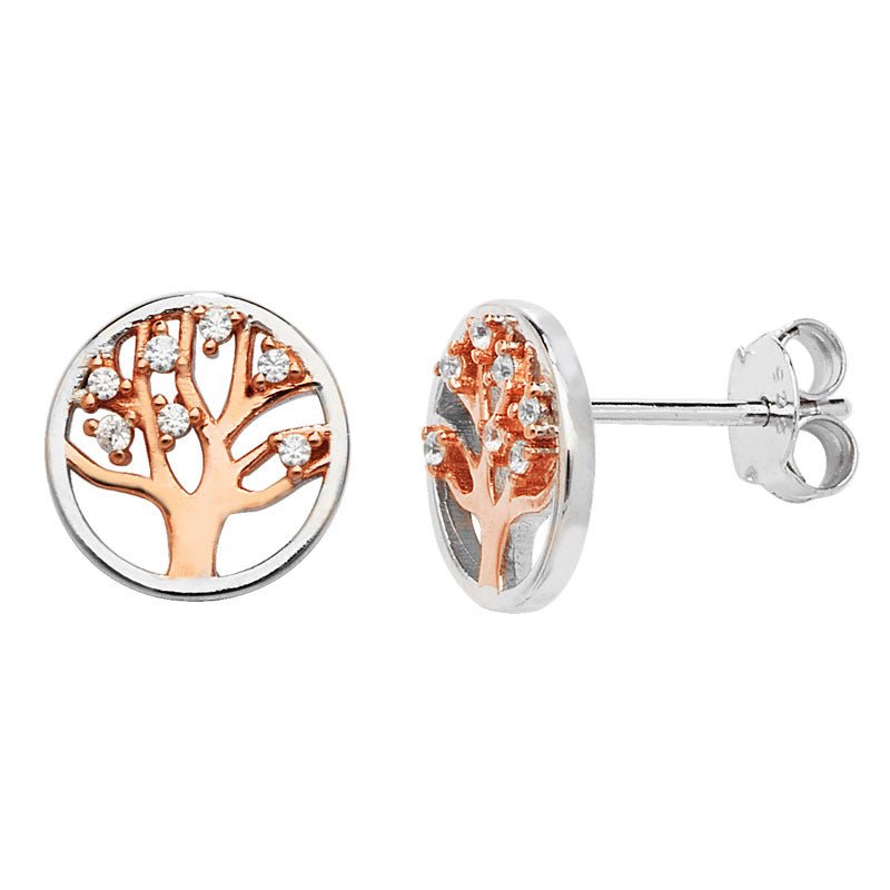 Sterling Silver CZ Rose Gold Tree of life Stud Earrings - NiaYou Jewellery