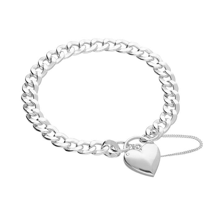 Sterling Silver Flat Curb Heart Padlock Bracelet 24 cm - NiaYou Jewellery