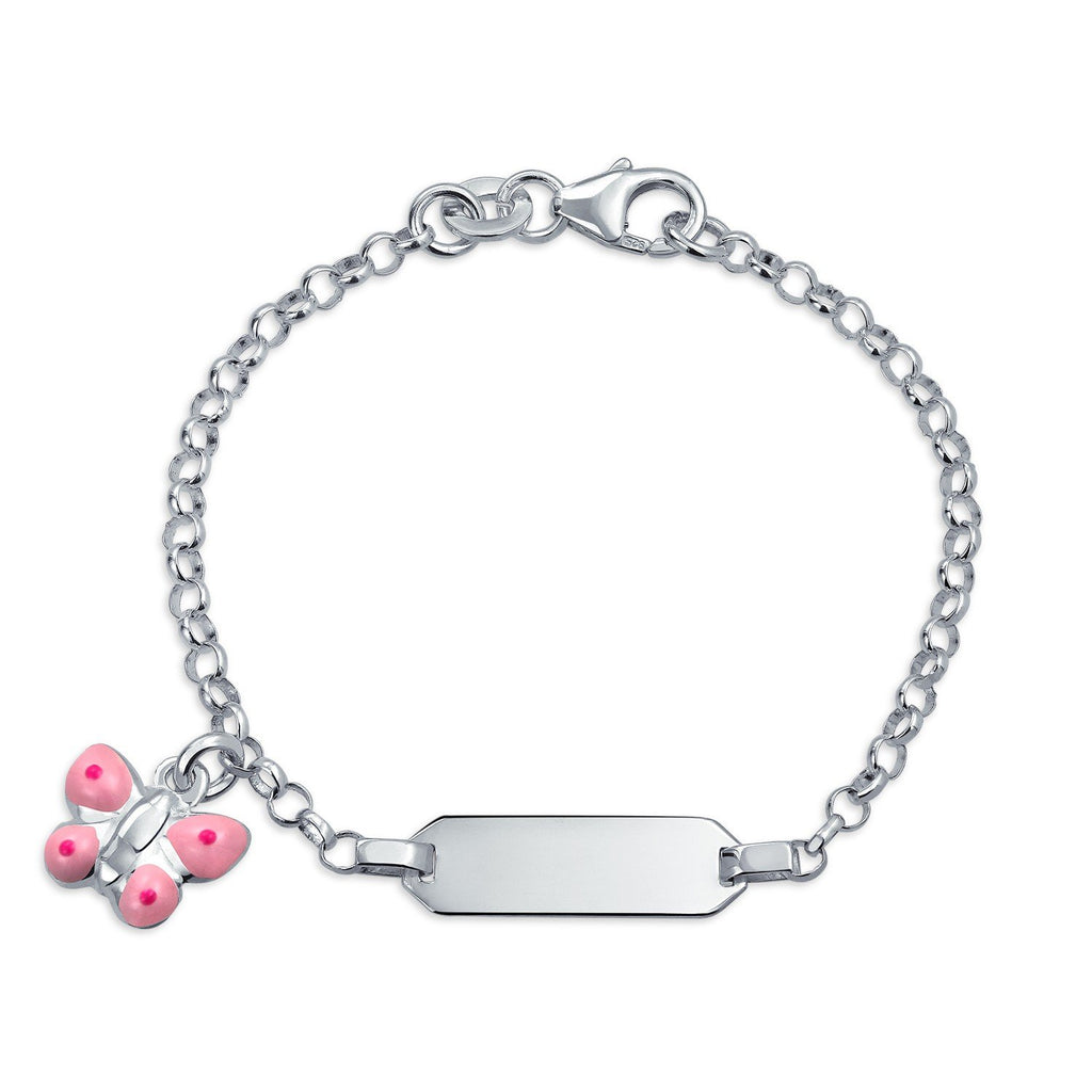 Sterling Silver Girls Bracelet with Pink Butterfly and ID Tag - NiaYou Jewellery