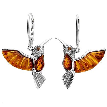 Sterling Silver Hummingbird Bird Amber Drop Earrings - NiaYou Jewellery