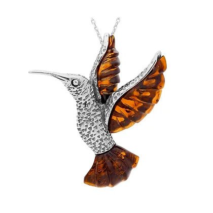 Sterling Silver Hummingbird Bird Amber Pendant on Chain - NiaYou Jewellery