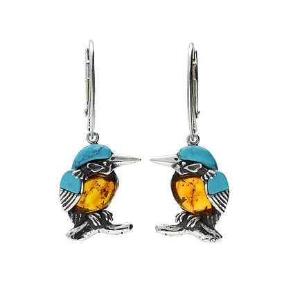 Sterling Silver Kingfisher Bird Amber and Turquoise Drop Earrings - NiaYou Jewellery