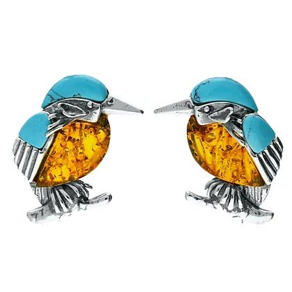 Sterling Silver Kingfisher Bird Amber and Turquoise Medium Stud Earrings - NiaYou Jewellery