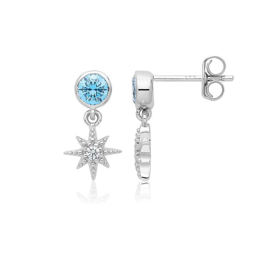 Sterling Silver North Star Stud Earrings with Blue Cubic Zirconia - NiaYou Jewellery