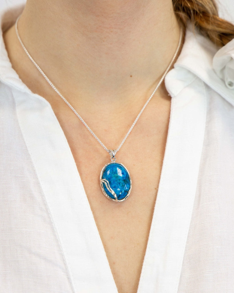 Sterling Silver Oval Blue Lace Agate Large Pendant Necklace - NiaYou Jewellery