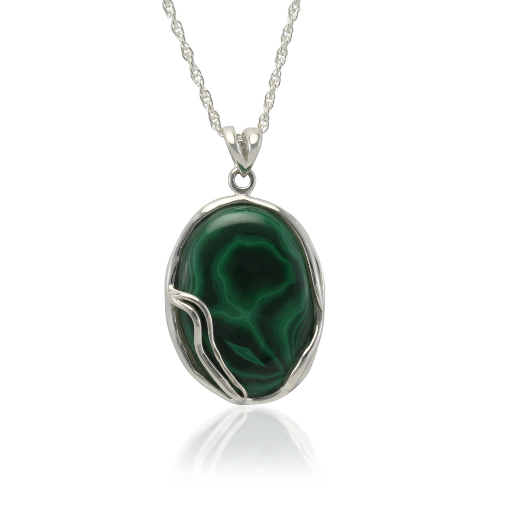 Sterling Silver Oval Green Malachite Large Pendant Necklace - NiaYou Jewellery