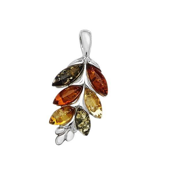 Sterling Silver Pendant Leaf with Honey, Lemon and Green Amber - NiaYou Jewellery